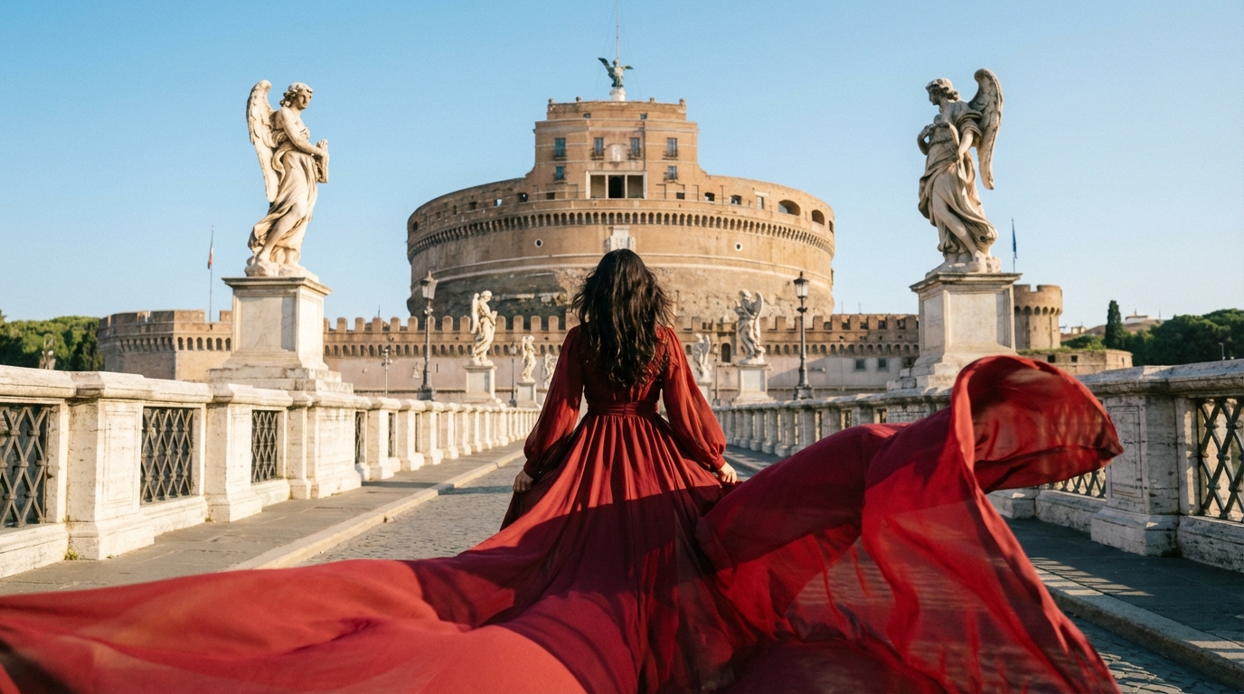 Servizio flying dress su Ponte Sant'Angelo durante il giorno
