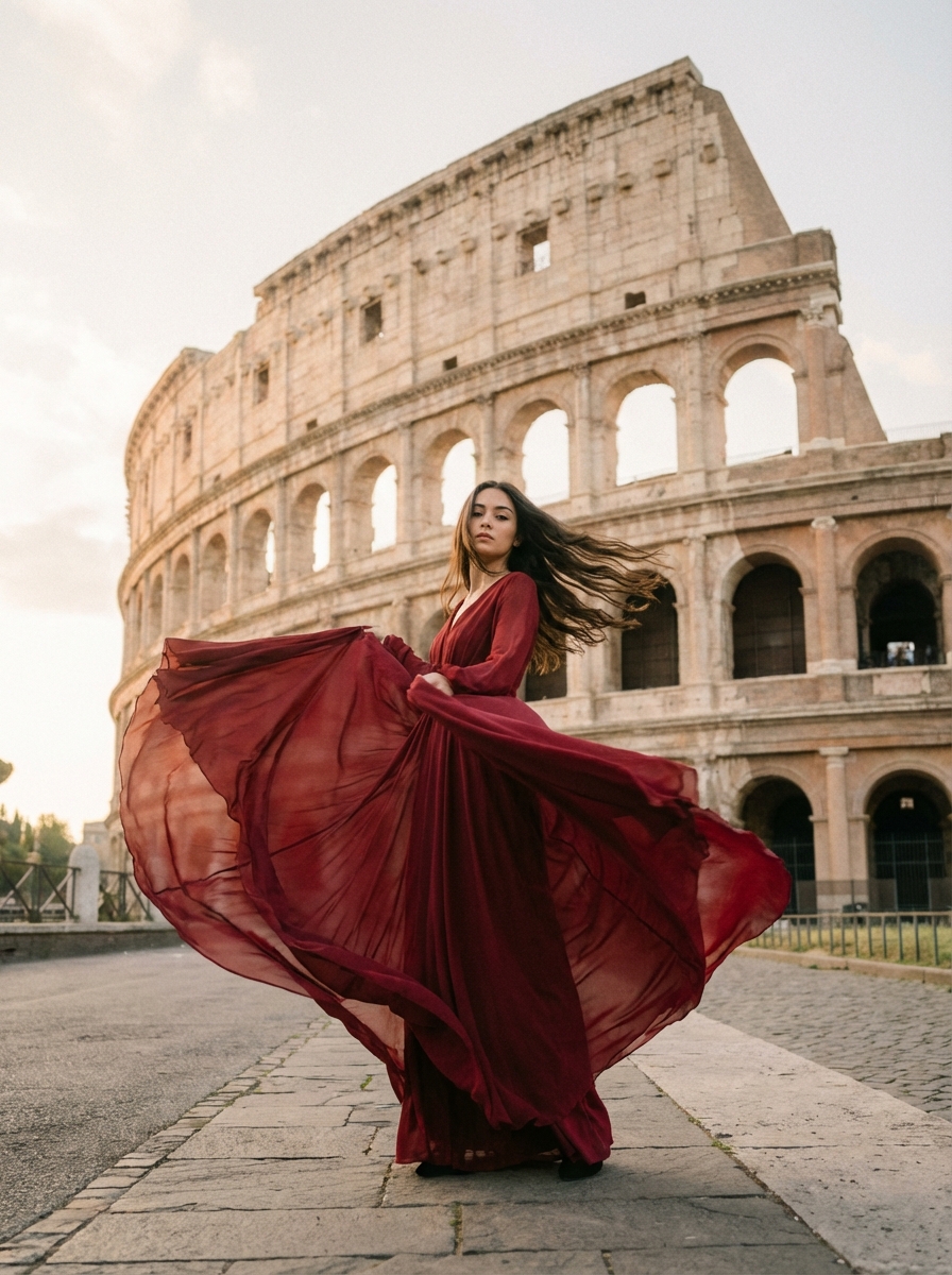 Servizio flying dress al Colosseo, Roma — abito rosso fluttuante alla golden hour